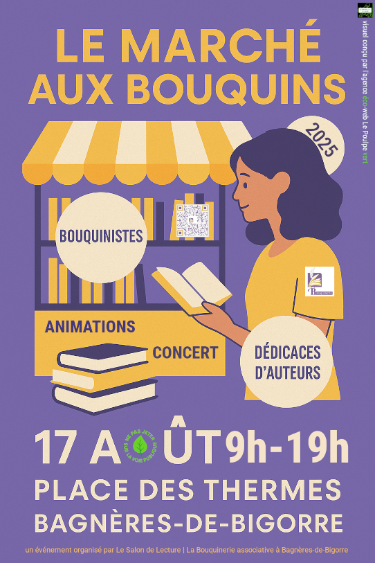 affiche officielle de l'édition 2025 du marché aux bouquins organisé par la bouquinerie de Bagnères-de-Bigorre