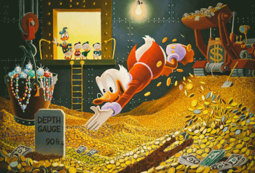 dessin d'oncle Picsou plongeant dans son coffre rempli de pièces d'or